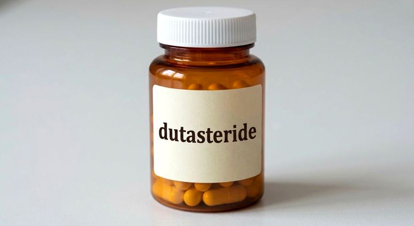 An amber pill bottle of dutasteride capsules